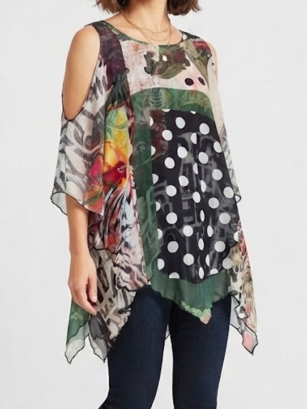 Flour De Lis Layered Vintage Mixed Print Top in Black and Multicolor XL